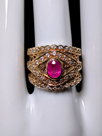 Vintage Unique Eye Motif Verified Ruby Solitaire and White Zircon Accented Gold over Sterling Silver Statement Band Ring