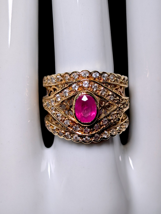 Vintage Unique Eye Motif Verified Ruby Solitaire and White Zircon Accented Gold over Sterling Silver Statement Band Ring