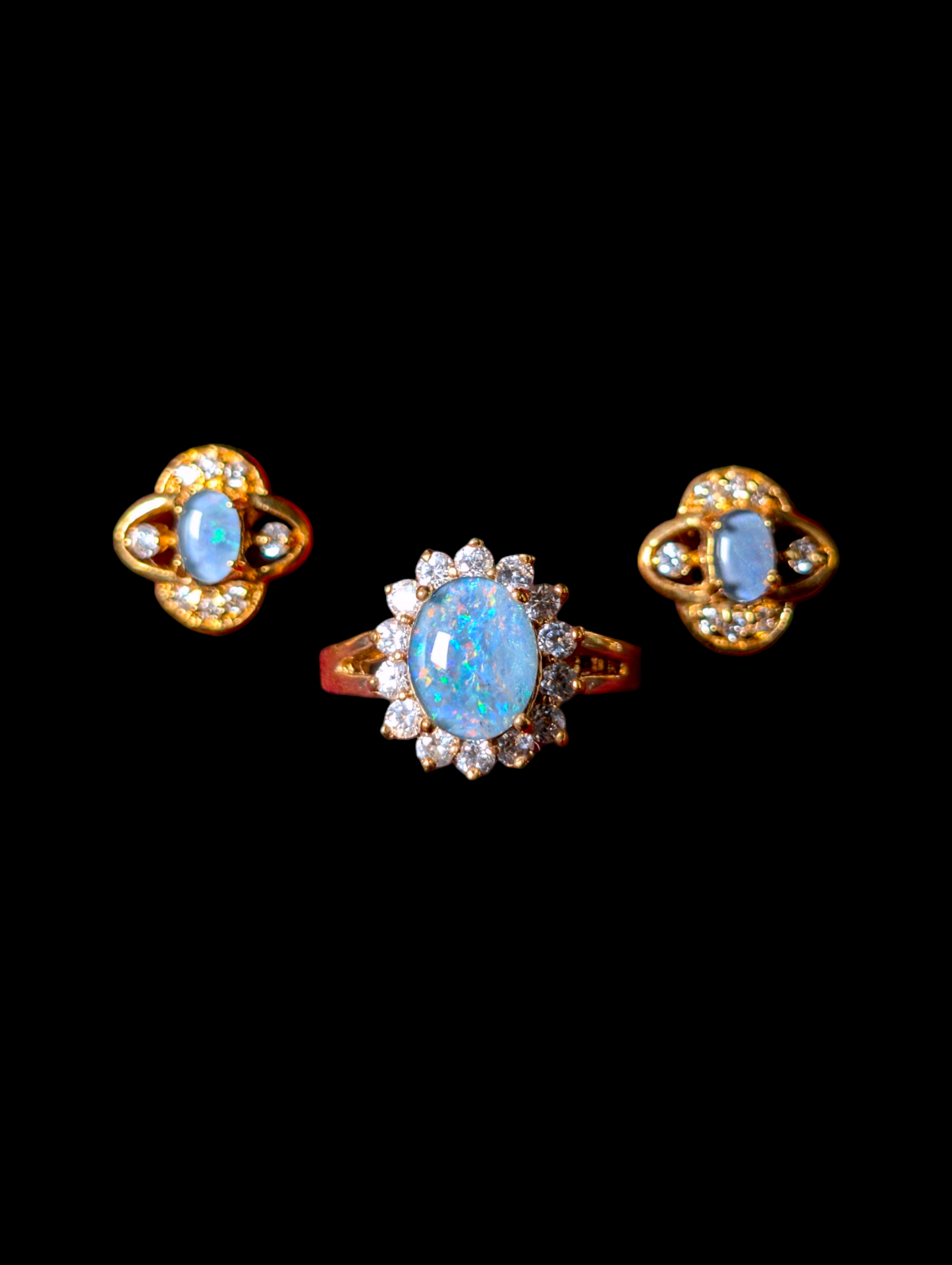 Vintage Lindenwold Cabochon Cut Split Shank Simulated Opal and Simulated Diamond Halo 14k HGE Gold Ring and Matching Earrings Set