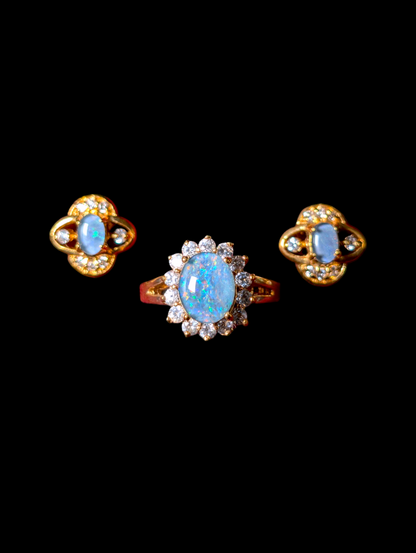 Vintage Lindenwold Cabochon Cut Split Shank Simulated Opal and Simulated Diamond Halo 14k HGE Gold Ring and Matching Earrings Set
