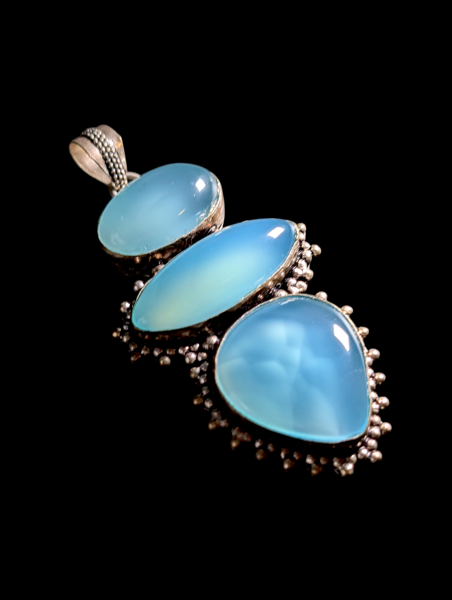 Vintage Artisan 3 Tiered Genuine Blue Chalcedony Sterling Silver Studded Pendant
