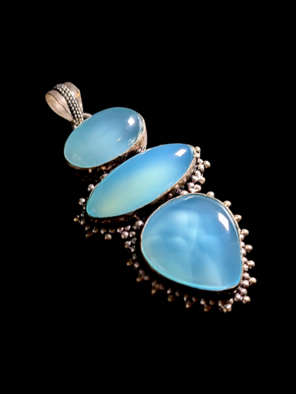 Vintage Artisan 3 Tiered Genuine Blue Chalcedony Sterling Silver Studded Pendant