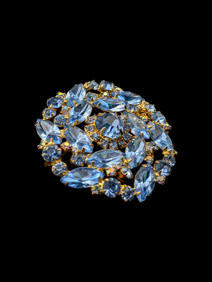 1950s Large Icy Blue Layered Crystal Rhinestone Gold Brooch Pin