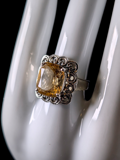 Vintage Large Georgian Inspired Radiant Cut Genuine Citrine Sterling Silver Filigree Halo Ring
