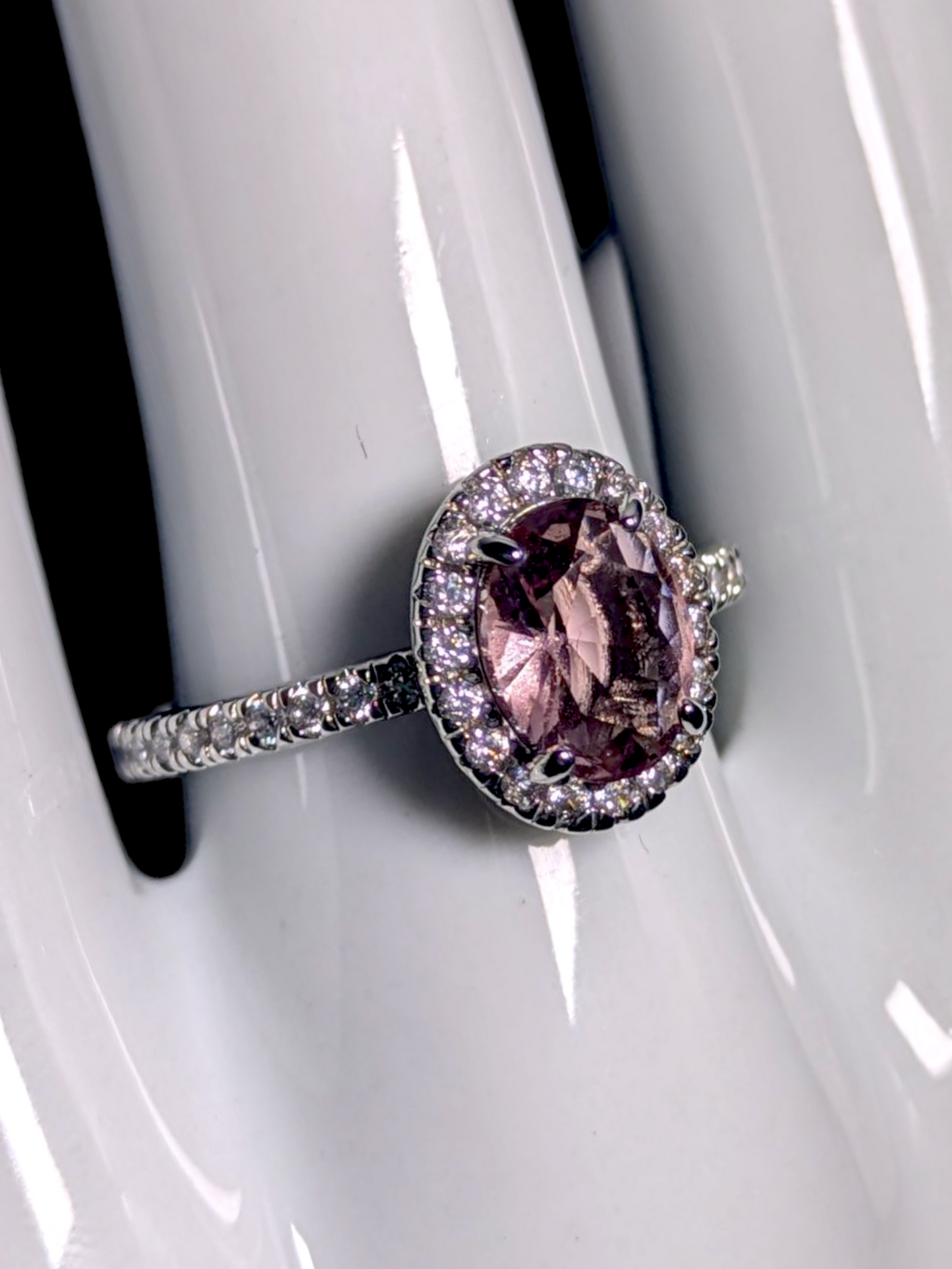 Vintage Inspired Oval Cut Simulated Morganite Solitaire with Simulated Diamond Halo Silver Toned Ring