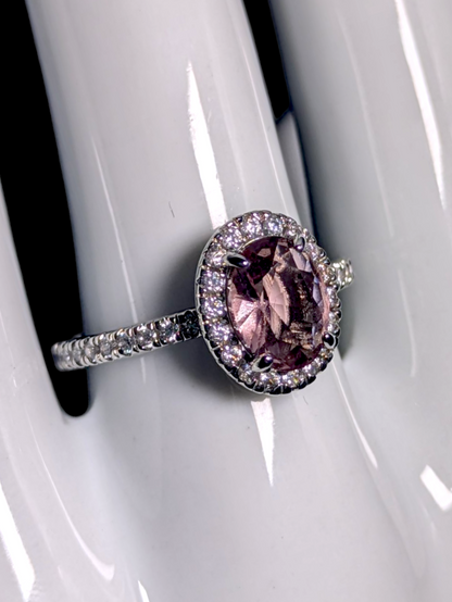 Vintage Inspired Oval Cut Simulated Morganite Solitaire with Simulated Diamond Halo Silver Toned Ring