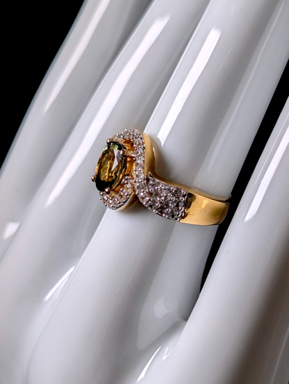Vintage Oval Cut Genuine Moldavite Solitaire with White Zircon Accents 14kt Yellow Gold over Sterling Silver Cross Over Ring