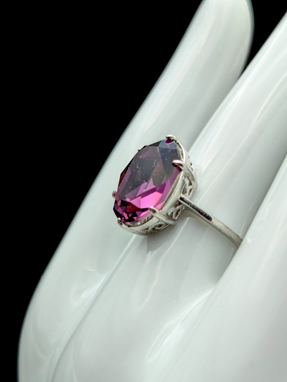 Vintage Dazzling Large Solitaire Simulated Amethyst Silver Statement Ring
