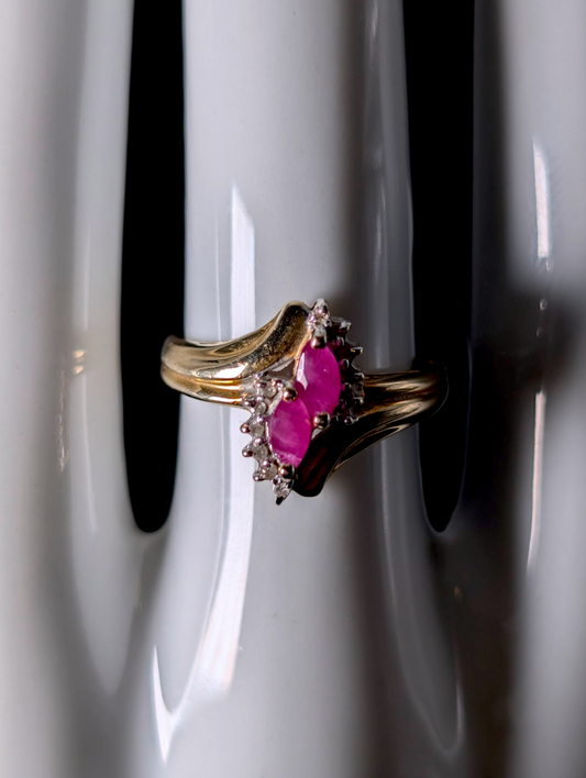 Vintage 12k Gold Twin Marquise Cut Genuine Earth Mined Ruby and Diamond Halo Ring