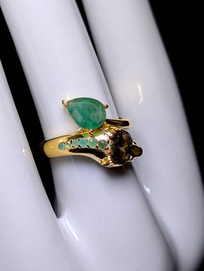 Vintage Genuine Emerald and Ruby Eyed Panther Wrap Cross Over 14kt Gold over Sterling Ring