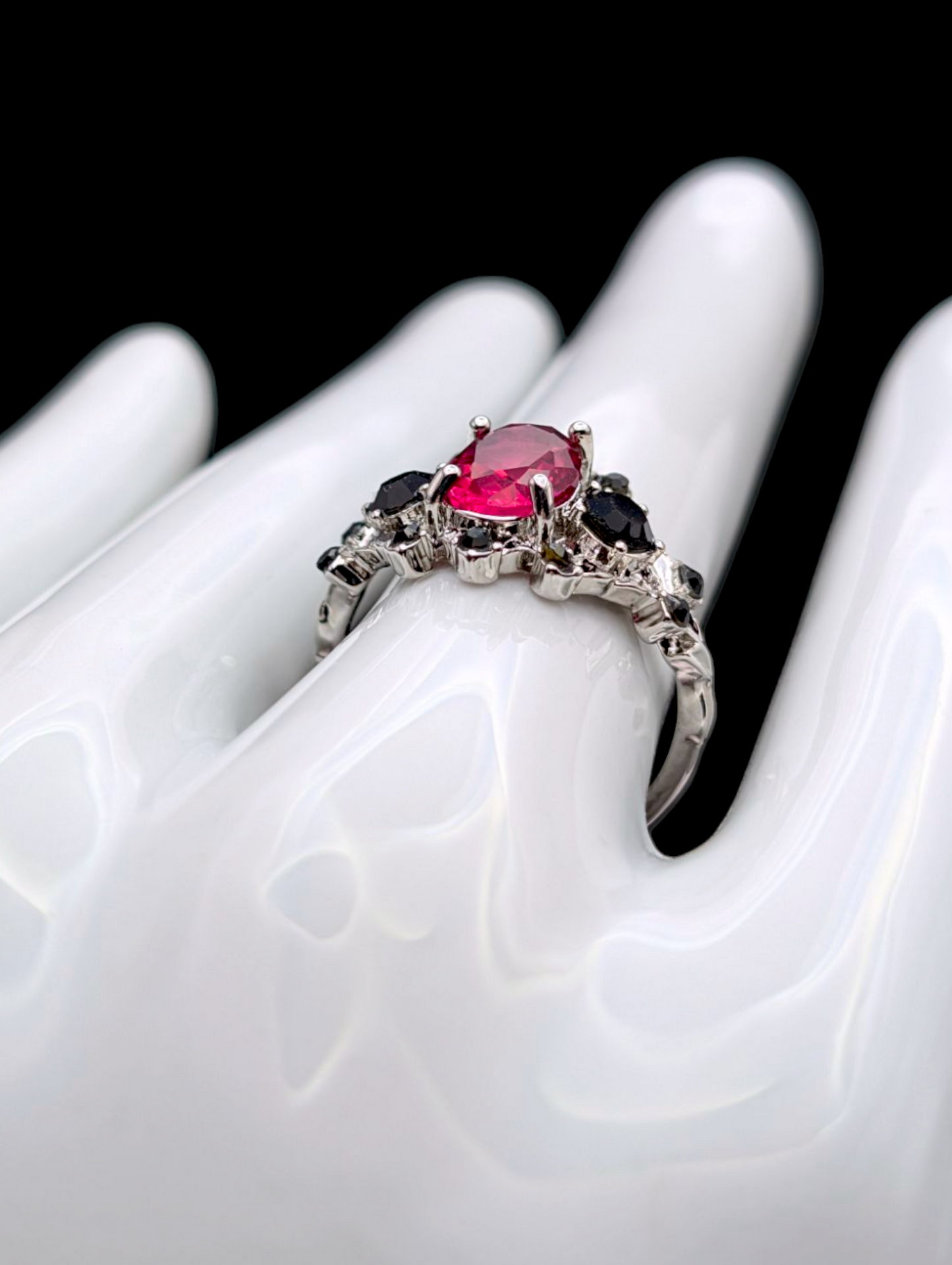 Vintage Oval Cut Simulated Pink Sapphire Solitaire and Simulated Black Diamond Silver Toned Ring
