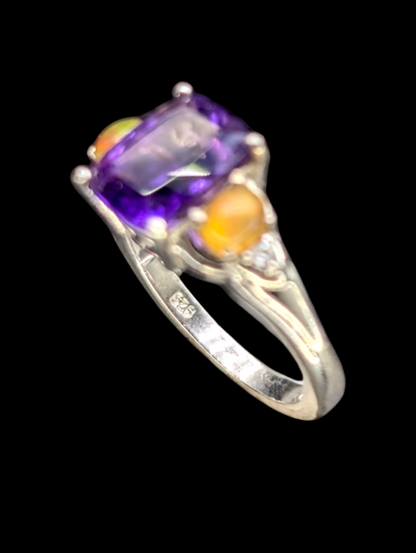 Vintage Rectangular Cushion Rose Cut Genuine Amethyst Solitaire, Fire Opal and White Topaz Sterling Silver Ring