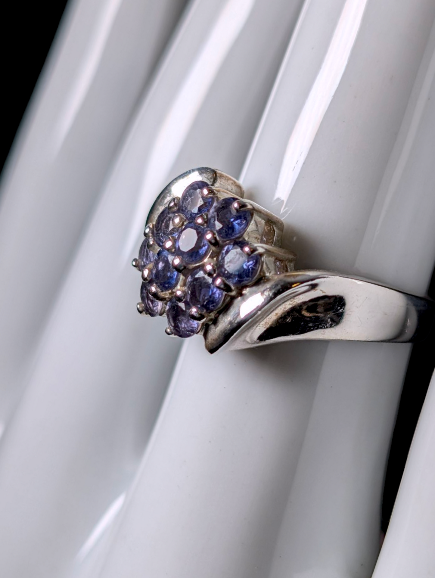 Vintage Earth Mined Genuine Tanzanite Cluster Sterling Silver Ring