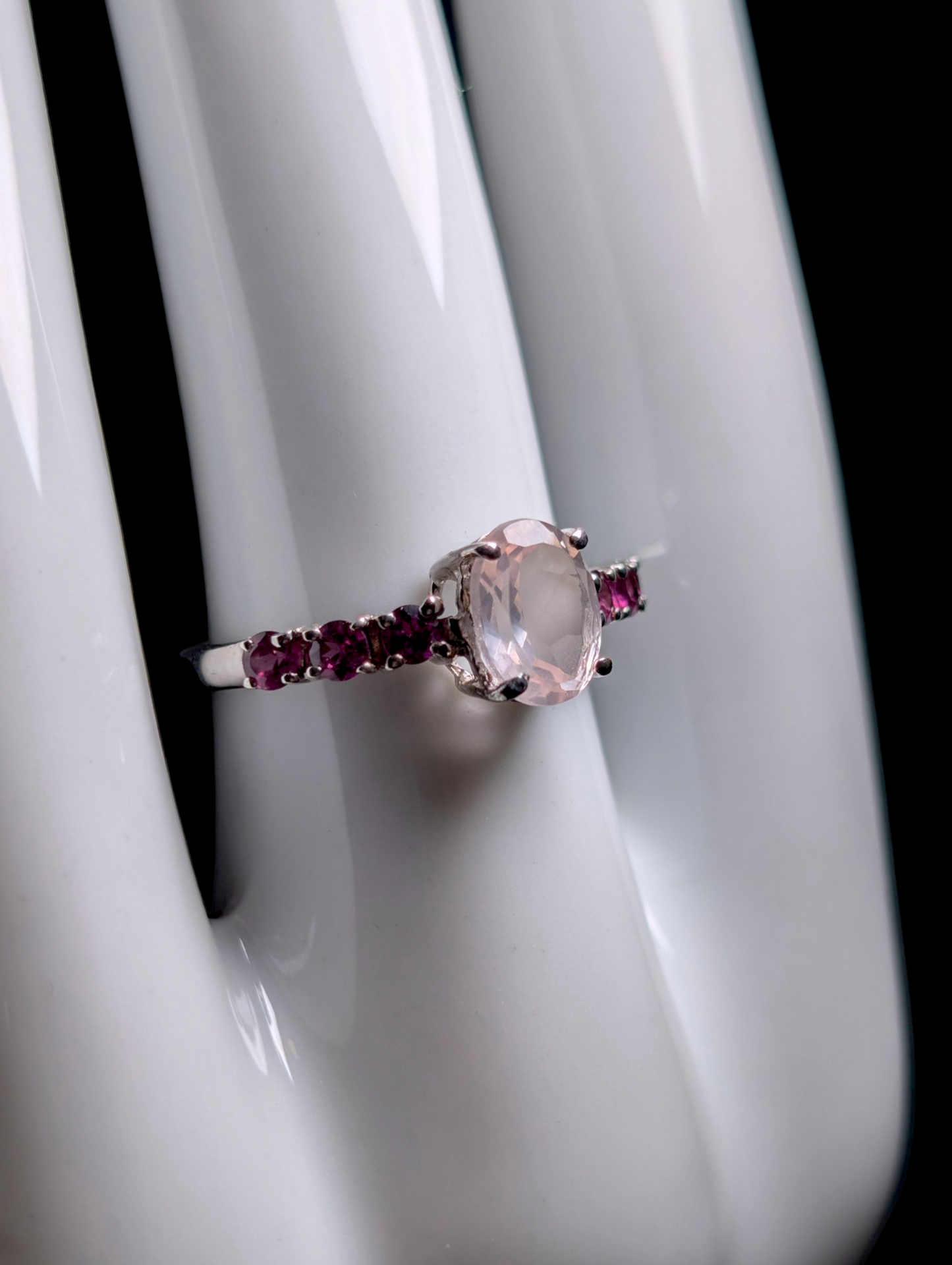 Vintage Oval Cut Genuine Rose Quartz Solitaire with Pink Tourmaline Accent Stones Sterling Silver Ring