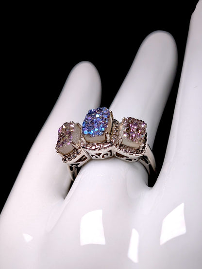 Vintage 3 Stone Genuine Druzy Quartz Sterling Silver Band Ring