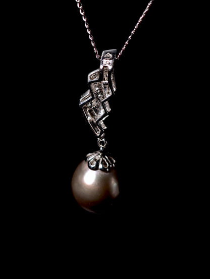 Vintage 12.5mm Genuine Tahitian Pearl and Diamond 14k White Gold Pendant