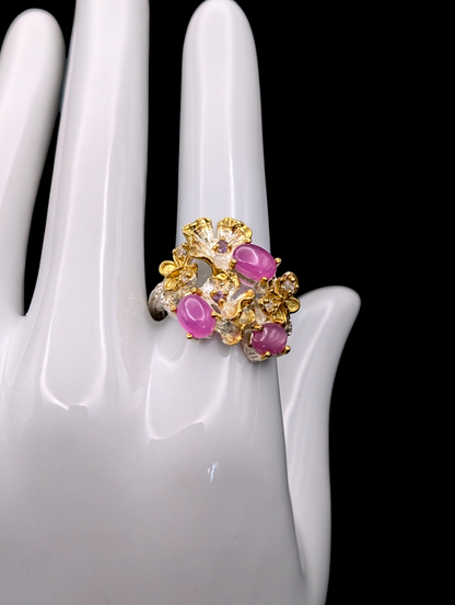 Vintage "Rubies in Springtime" Genuine Earth Mined Pink Ruby, Amethyst, and Zircon 14k Gold Dusted Sterling Silver Ring