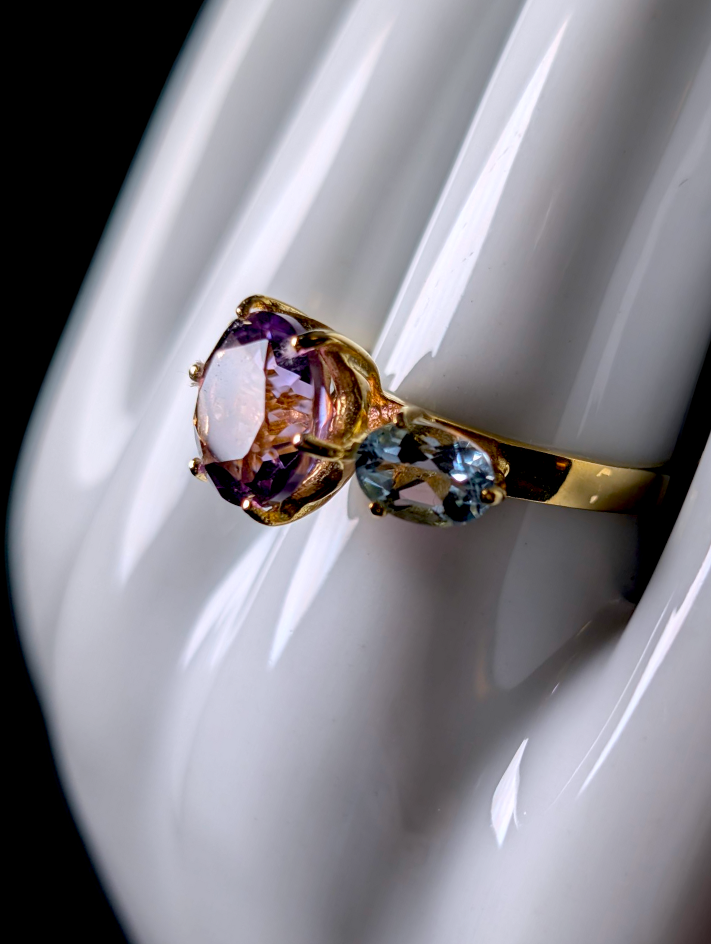 Vintage Large Round Brilliant Cut Genuine Amethyst and Sky Blue Topaz Accompaniments 14k Yellow Gold over Sterling Statement Ring
