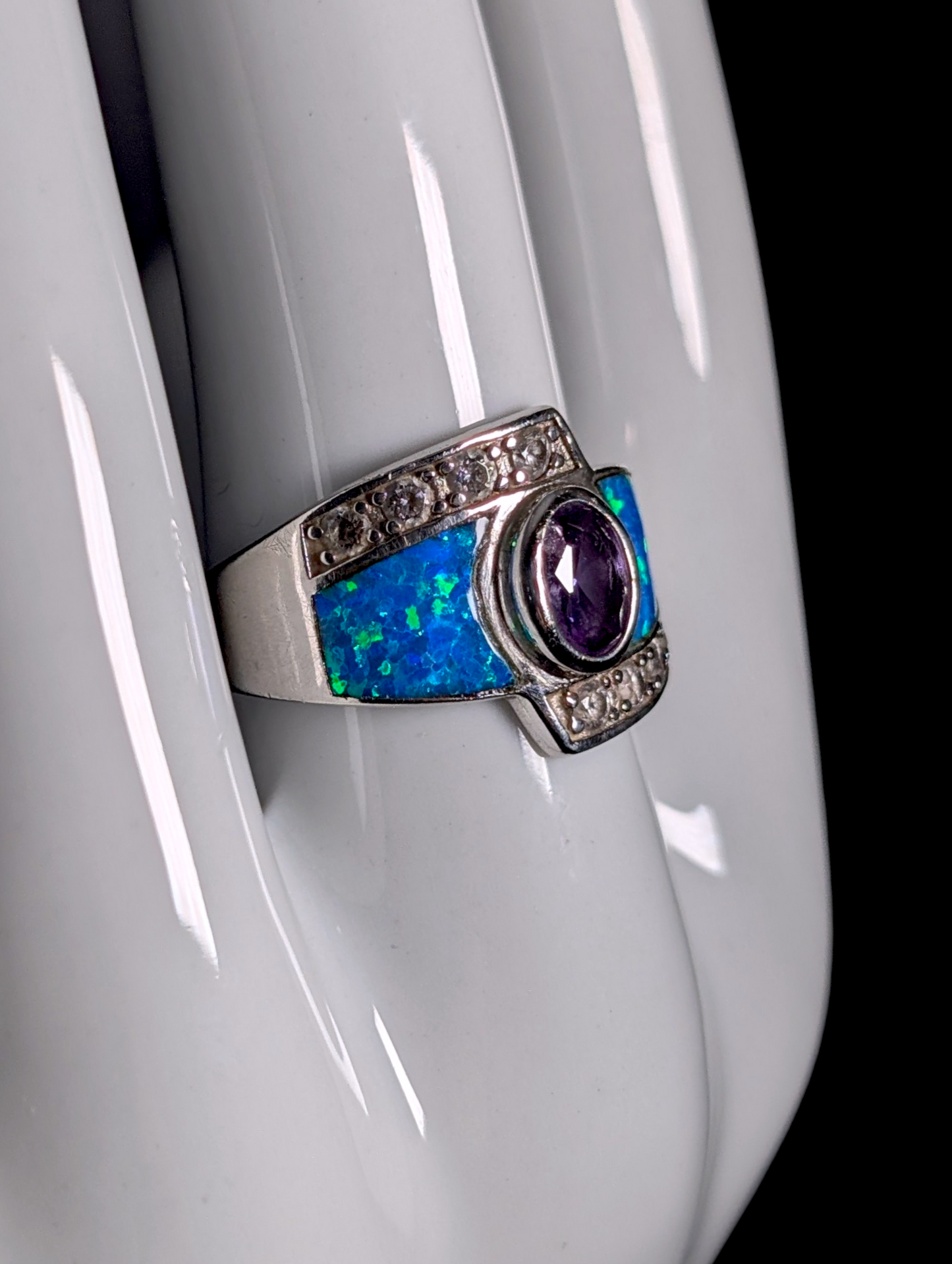 Vintage Bezel Set Oval Cut Solitaire Genuine Amethyst with Blue Mexican Fire Opal Inlay Sterling Silver Wide Band Ring