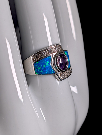 Vintage Bezel Set Oval Cut Solitaire Genuine Amethyst with Blue Mexican Fire Opal Inlay Sterling Silver Wide Band Ring