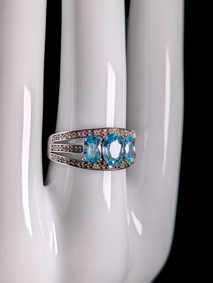 Vintage Oval Cut Three Stone Genuine Swiss Blue and White Topaz Sterling Silver Split Shank Band Ring