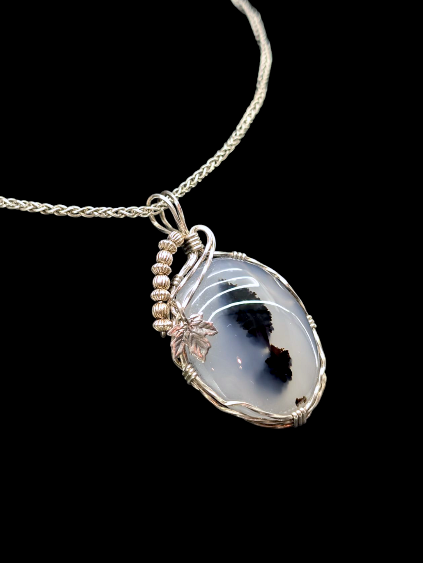 Vintage Genuine Montana Moss Agate Sterling Silver Wire Wrapped Pendant with Leaf and Beads