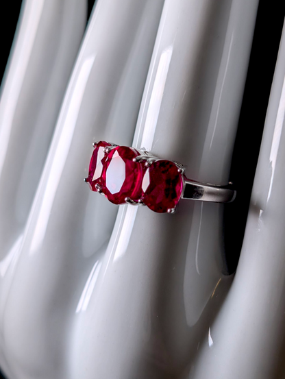Vintage 3 Carat 3 Stone Genuine Ruby Sterling Silver Statement Ring