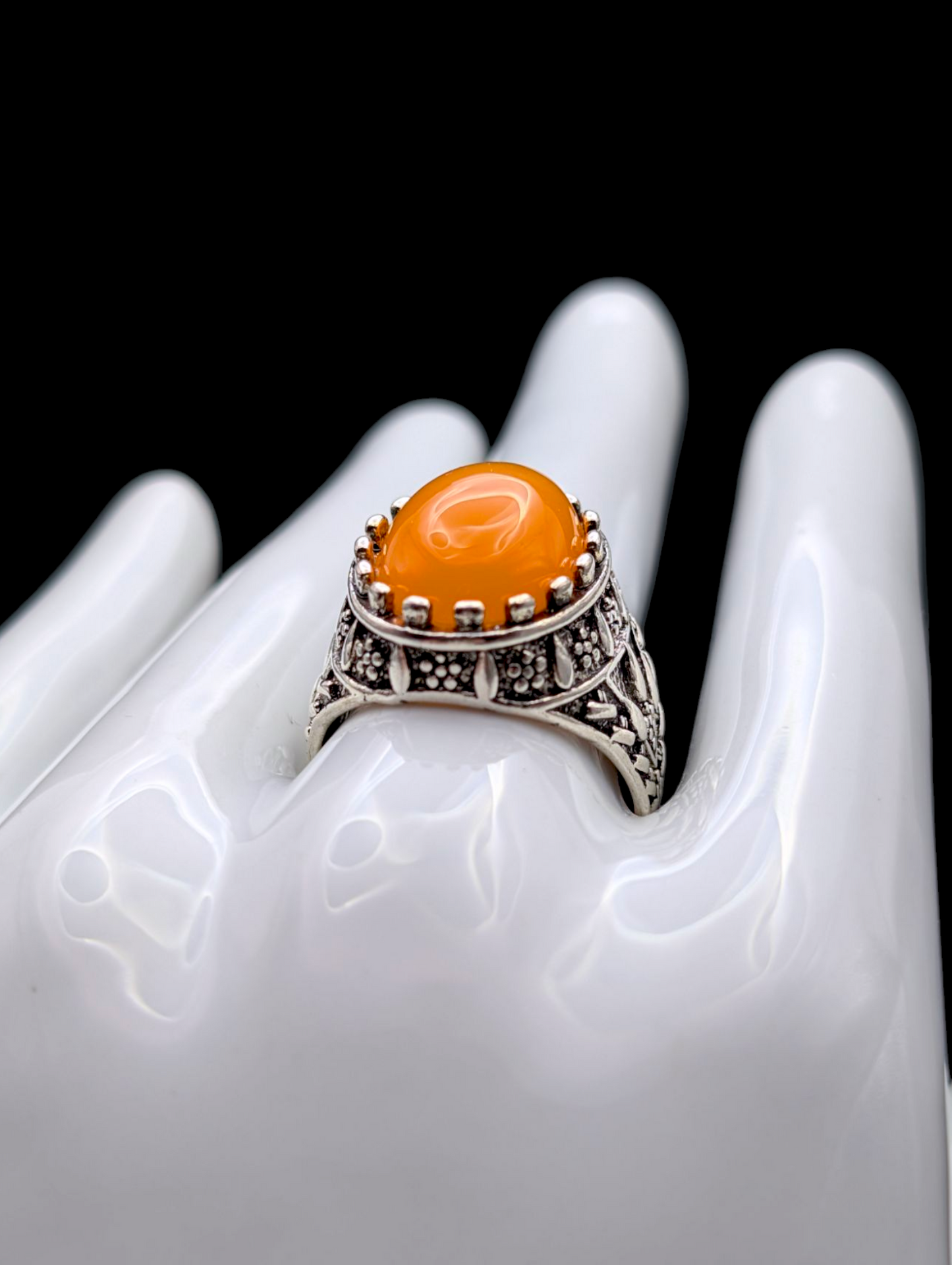 Vintage Unique Simulated Amber Daisy Filigree Silver Toned Cocktail Turkish Statement Ring