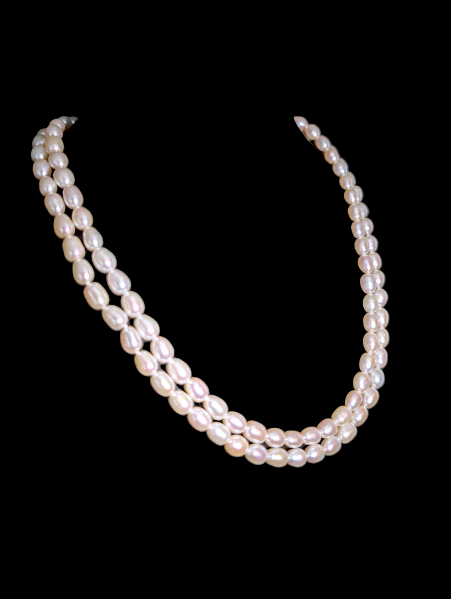 Vintage Hand Knotted Genuine Freshwater Oval Pearl Double Strand Sterling Silver Lobster Clasp Necklace