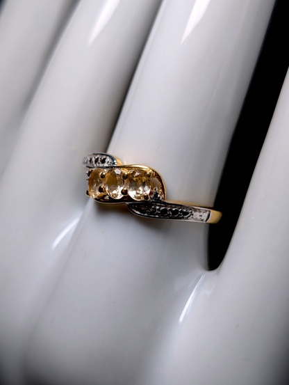 Vintage Oval Cut Three Stone Genuine Yellow Citrine 18K Yellow Gold Vermeil Sterling Silver Cross Over Ring