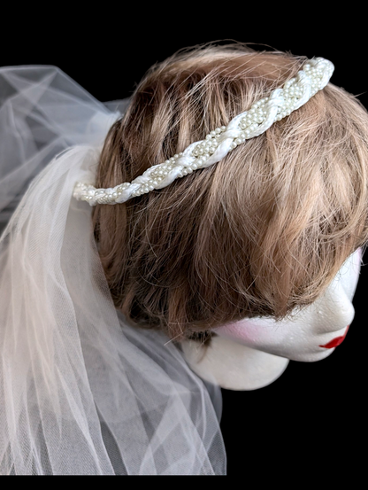 1970s White Halo Braided Pearl and Cord Headpiece Crown