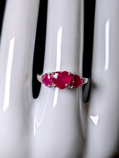 Vintage Three Heart Cut Genuine Ruby with Diamond Accent Stones Sterling Silver Ring