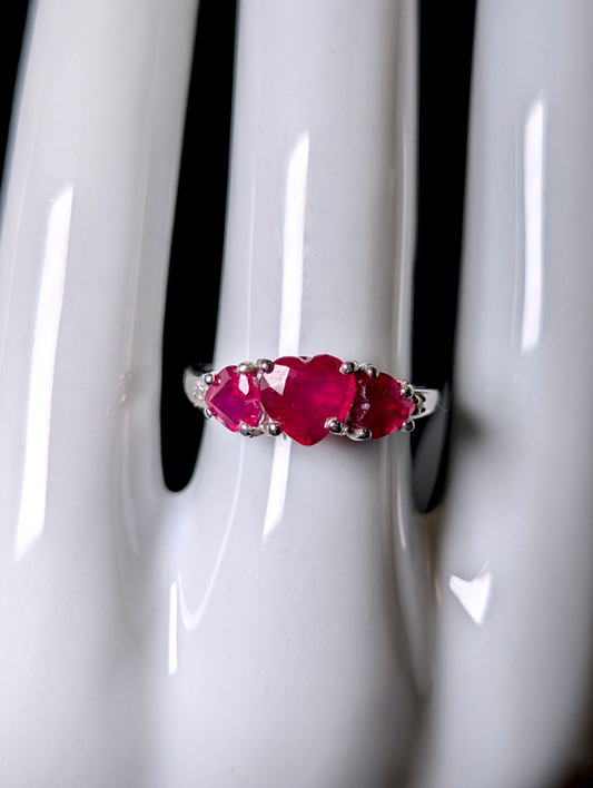 Vintage Three Heart Cut Genuine Ruby with Diamond Accent Stones Sterling Silver Ring