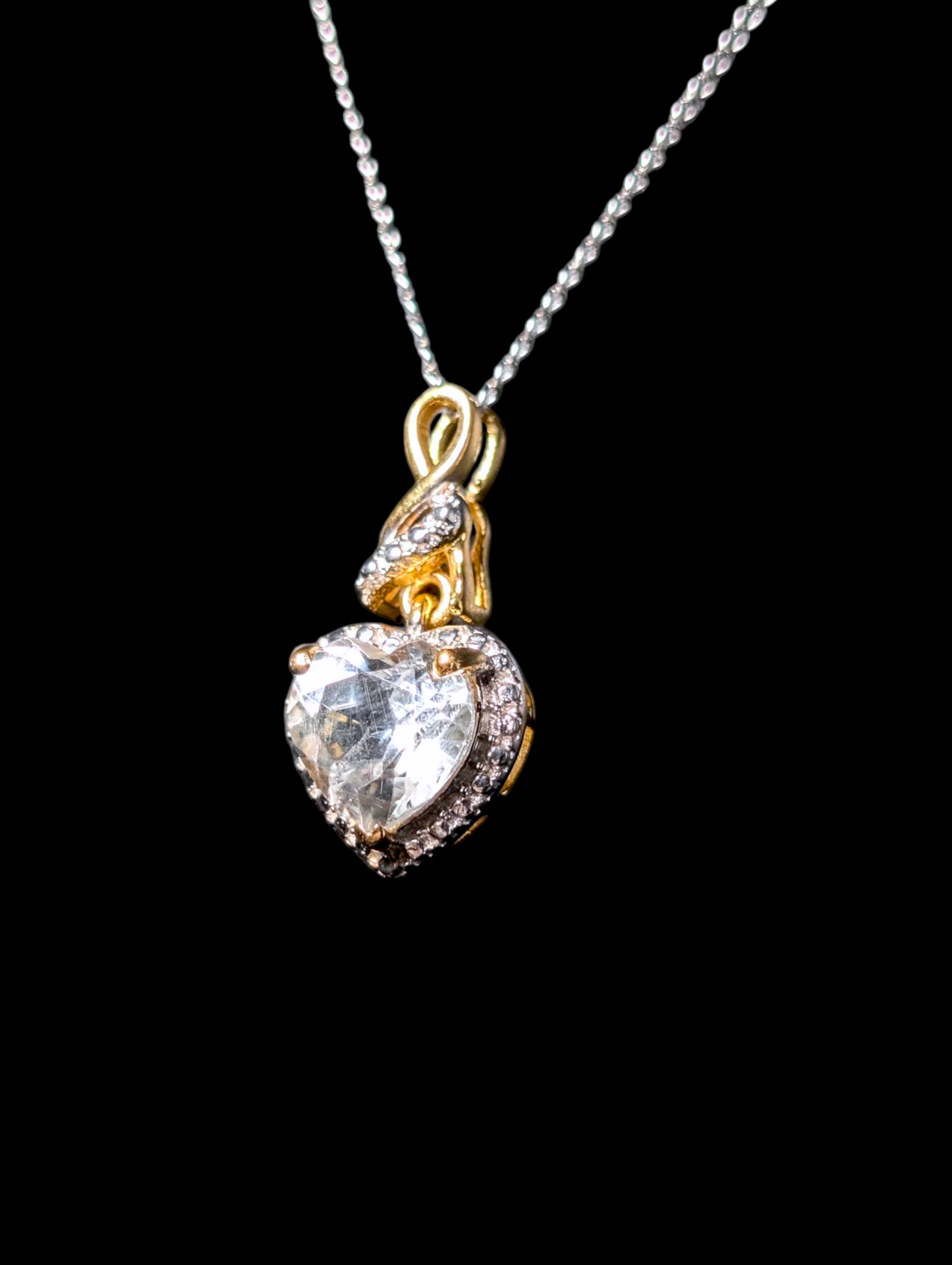 Vintage Heart Cut Genuine White Topaz with Sterling Silver Studded Halo Gold over Silver Pendant