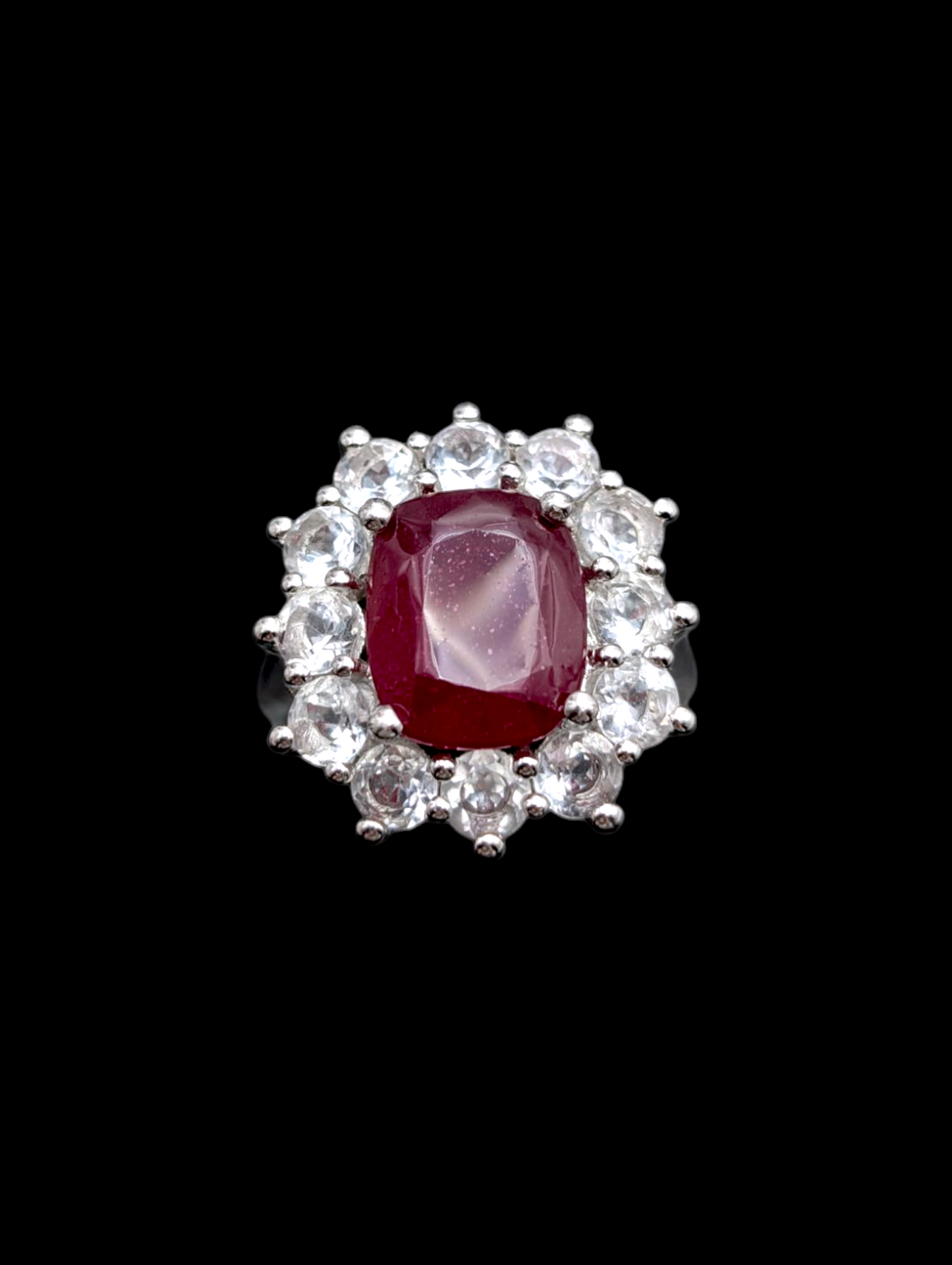 Vintage Earth Mined Genuine Ruby Rectangular Cushion Cut Solitaire and White Topaz Halo Rhodium over Sterling Silver Statement Ring