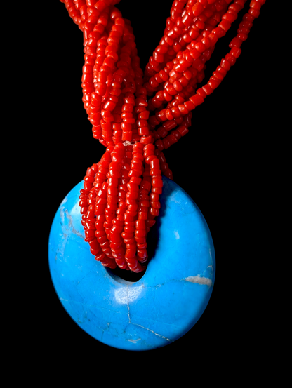 Vintage Multi Strand Genuine Red Coral Seed Bead and Turquoise Ring Pendant Necklace