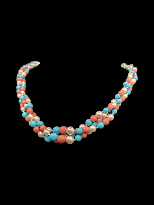 1950s Coral Pink and Robin's Egg Blue 3 Strand Pearl Necklace