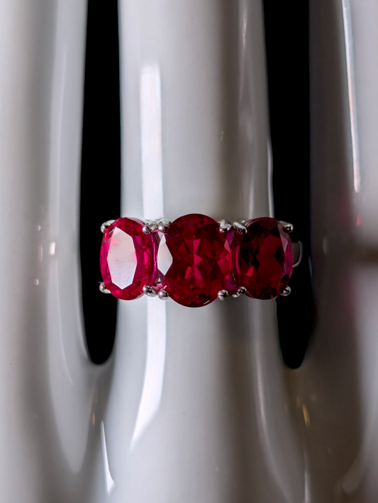 Vintage 3 Carat 3 Stone Genuine Ruby Sterling Silver Statement Ring