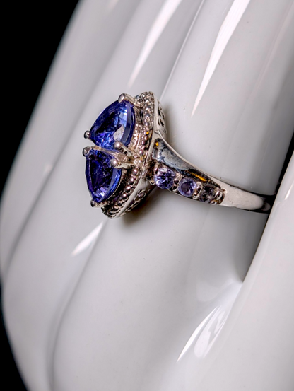 Vintage Double Trillion Cut Genuine Tanzanite with Diamond Accents Sterling Silver Ring