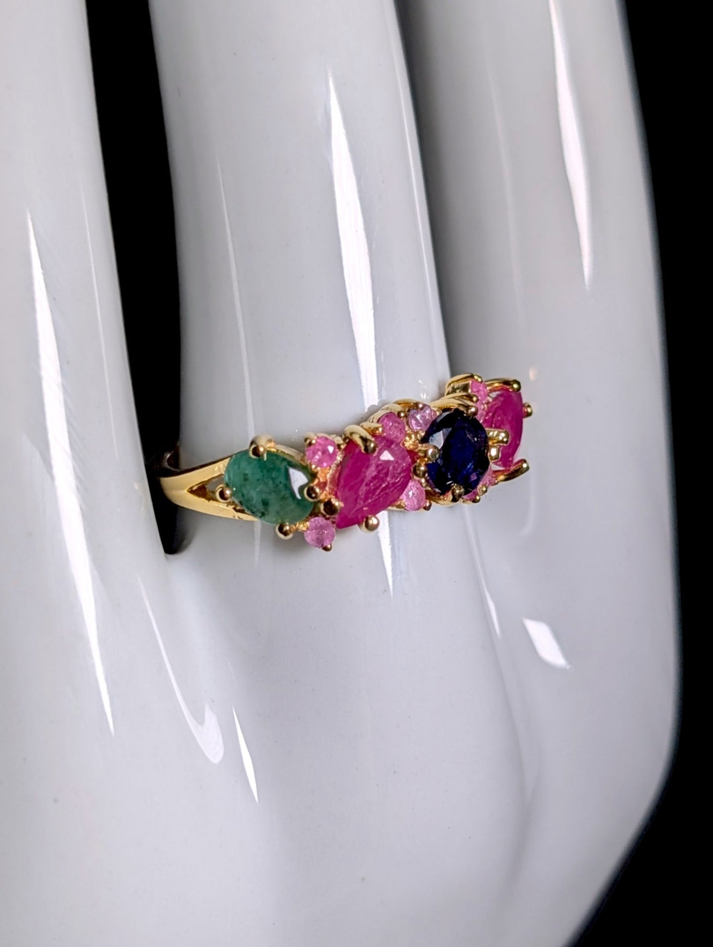Vintage Row of Genuine Ruby, Emerald and Sapphire Gold over Sterling Ring