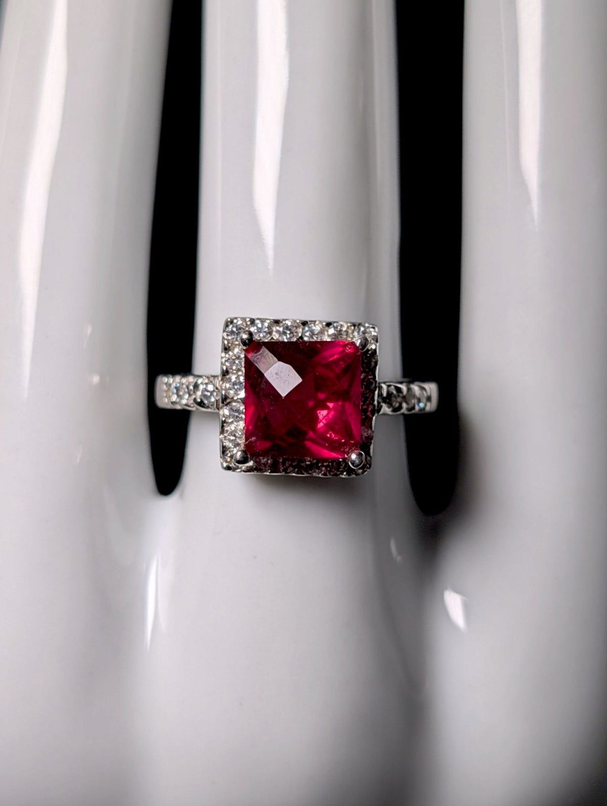 Vintage Inspired Princess Cut Simulated Ruby Solitaire and Diamond Halo Sterling Silver Ring