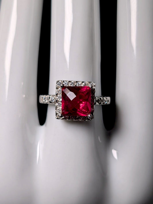 Vintage Inspired Princess Cut Simulated Ruby Solitaire and Diamond Halo Sterling Silver Ring