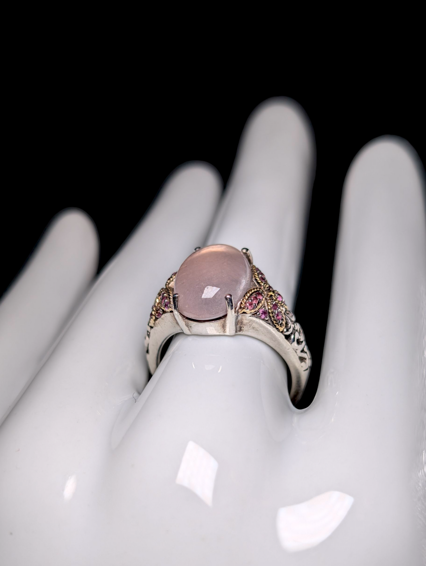 Vintage Designer Effy Y2K Cabochon Cut Genuine Rose Quartz Solitaire and Pink Sapphire 14k Yellow Gold Butterfly and Sterling Silver Ring
