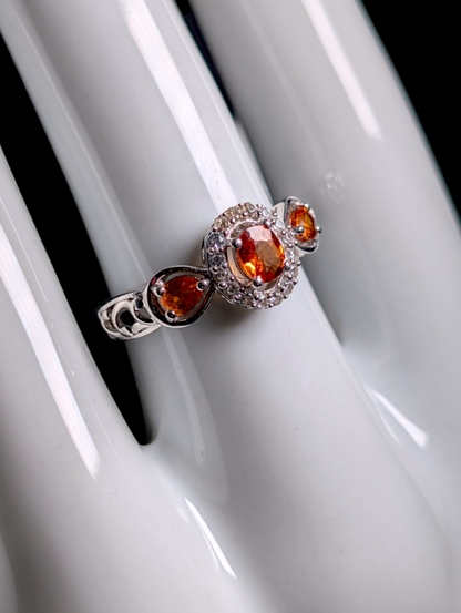 Vintage Three Stone Genuine Orange Sapphire and White Topaz Halo Sterling Silver Ring