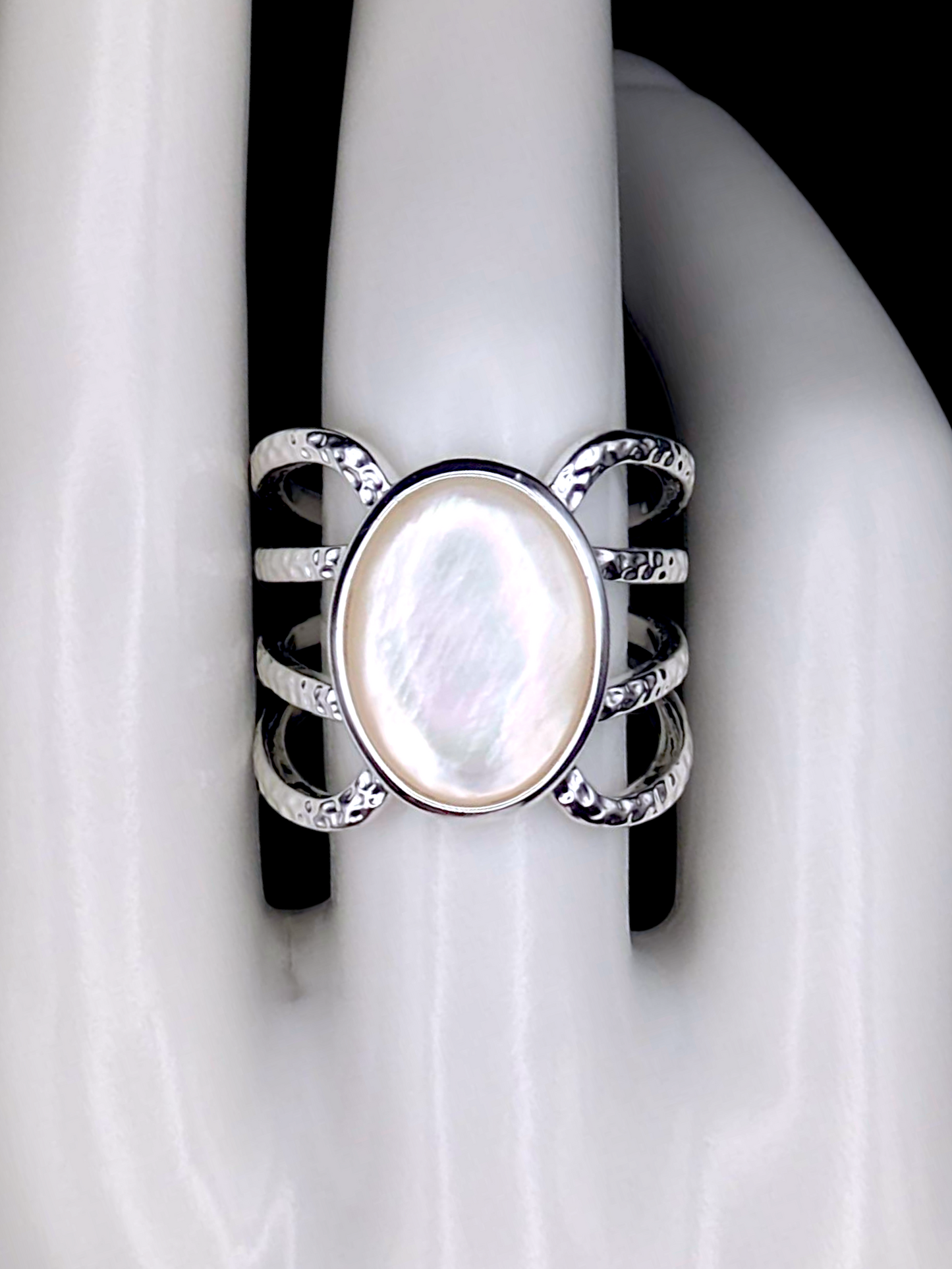 Vintage Inspired Oval Mother of Pearl Solitaire With Split Shank Silver Toned Cocktail Statement Ring