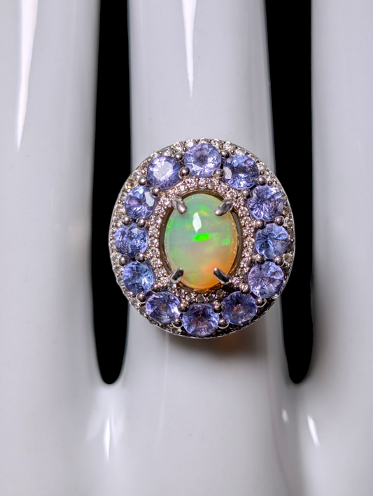 Vintage Designer Carol Brodie Genuine Ethiopian Fire Opal Solitaire With Double Tanzanite and White Zircon Halo Sterling Silver Ring