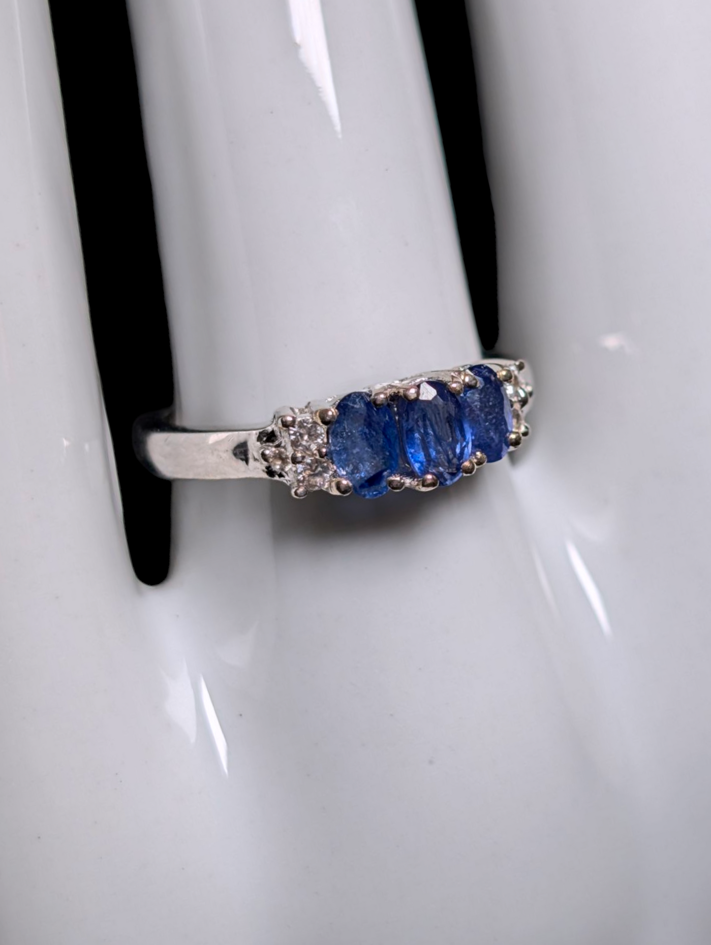 Vintage Dainty Three Stone Genuine Blue Kyanite and White Zircon Sterling Silver Ring