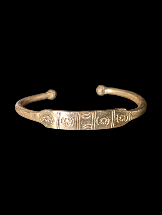 Vintage Sun and Moon Engraved Gold Toned Brass Cuff Bracelet