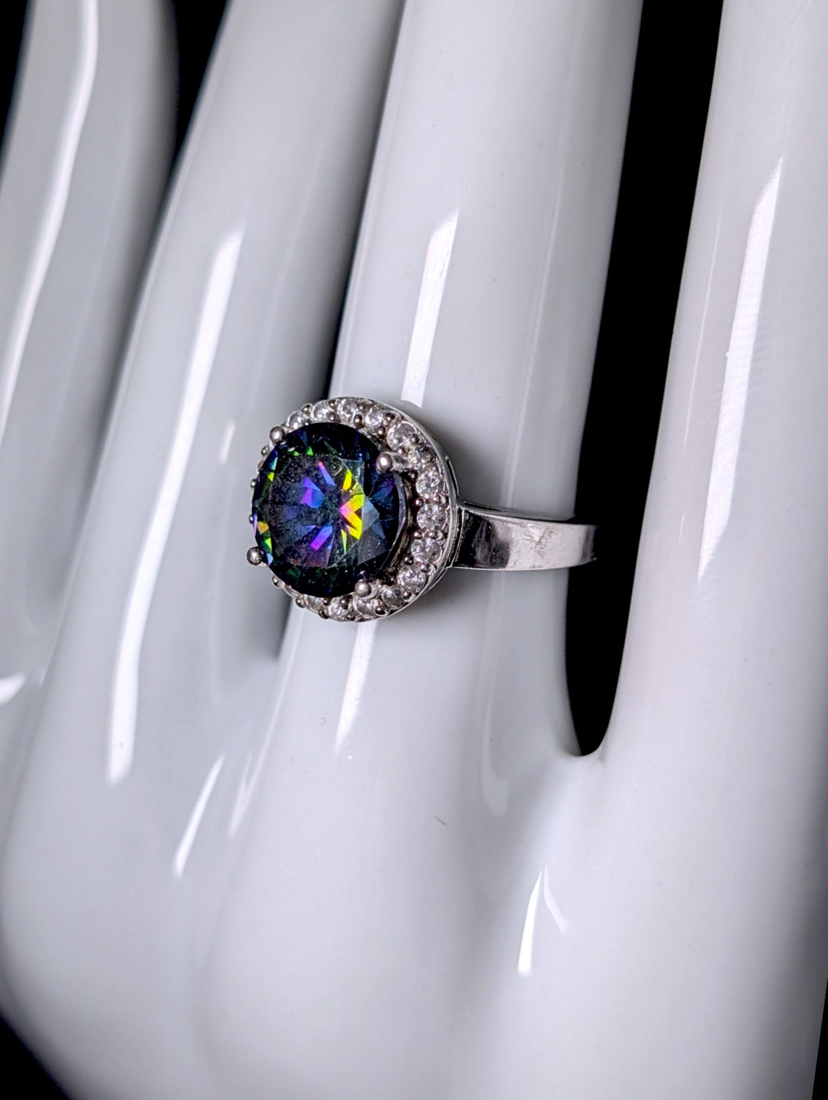 Vintage Simulated Mystic Topaz Solitaire and Diamond Halo Sterling Silver Ring