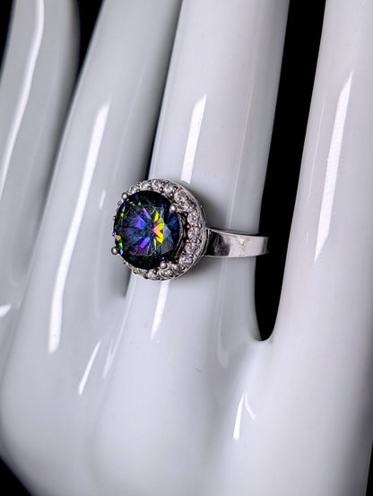 Vintage Simulated Mystic Topaz Solitaire and Diamond Halo Sterling Silver Ring